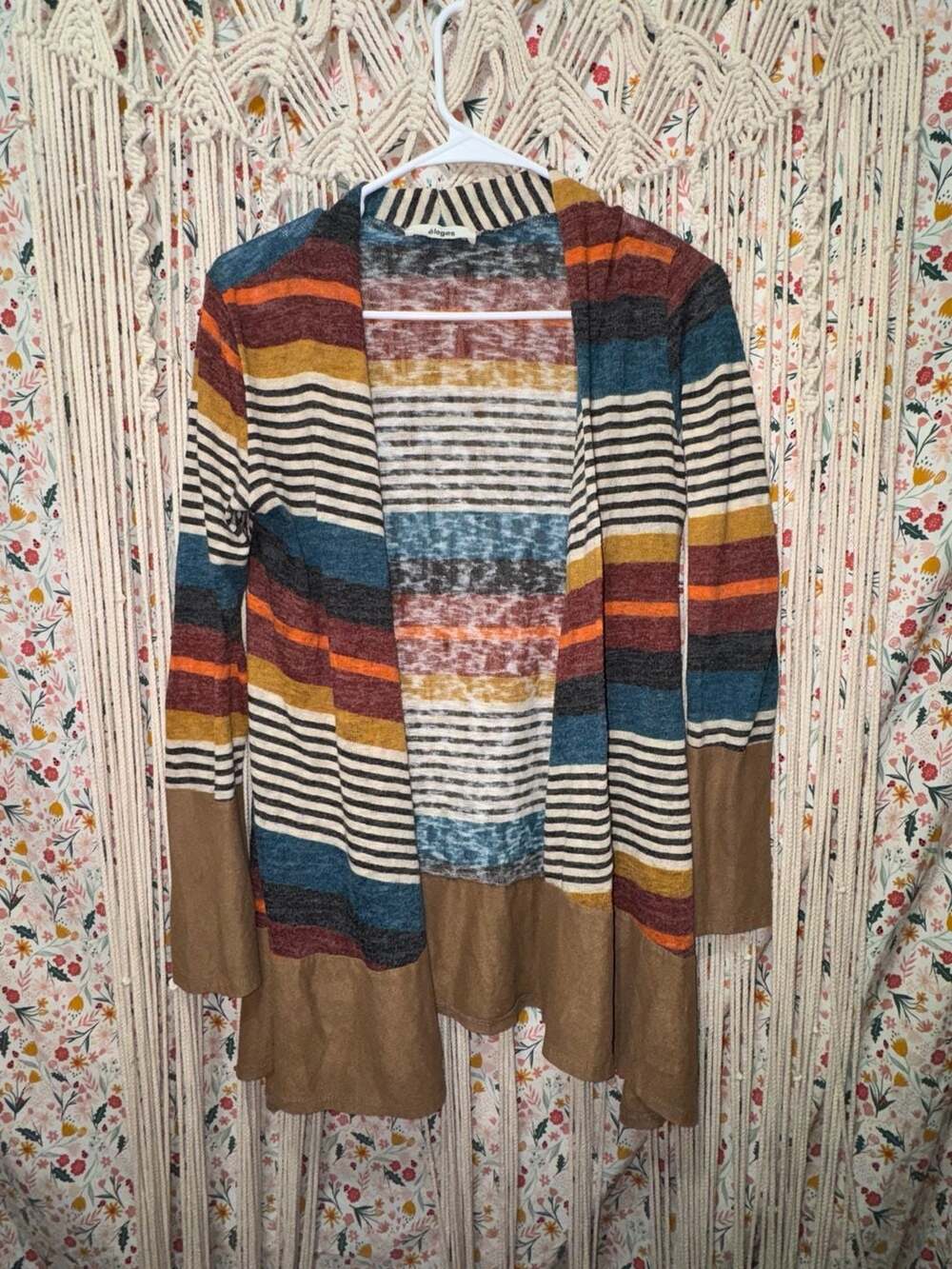 Boho Striped Cardigan Womens Open Front Asymmetrical Faux Suede Eloges Fall